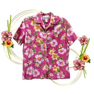 Vintage 90s Linen-Blend Pink Floral Hawaiian Blouse Tropical Lilly Tiki Barbie